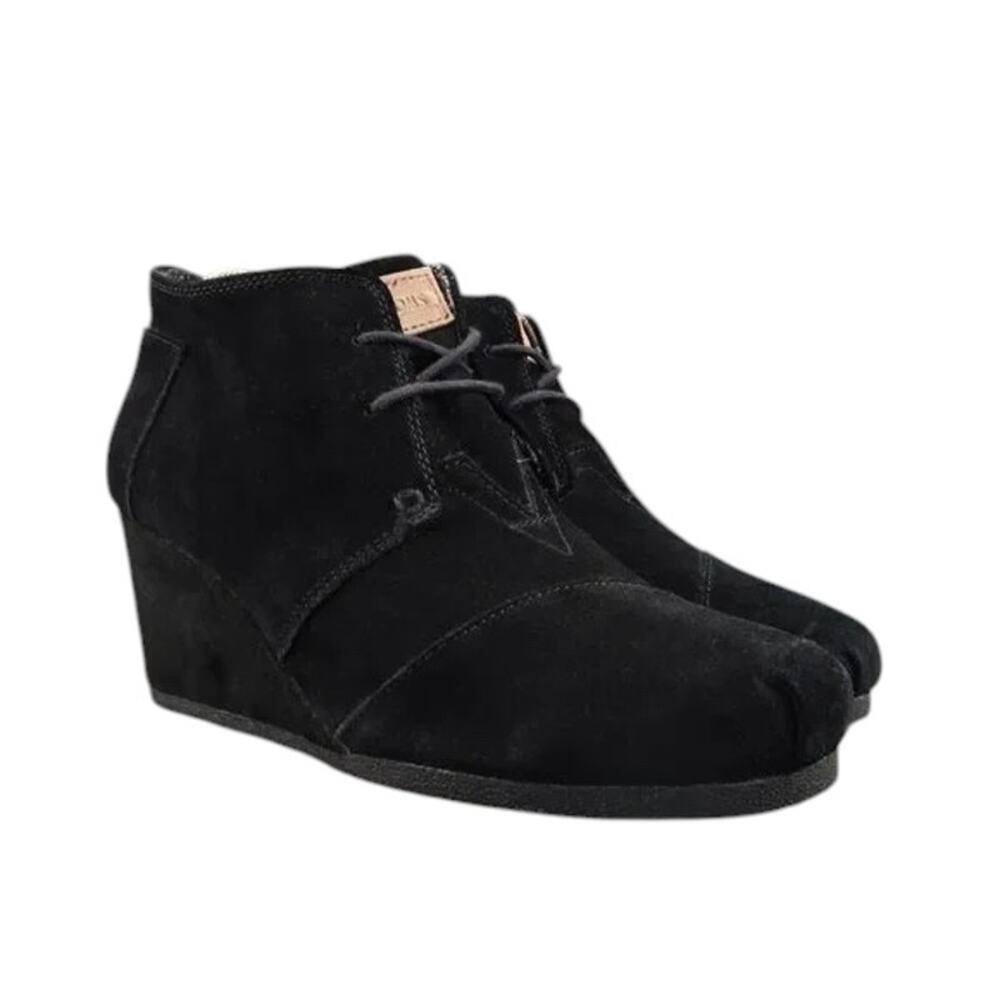 Toms Shoes Womens 9 Booties Wedge Lace Up Desert Casual Leather Lifestyle Black